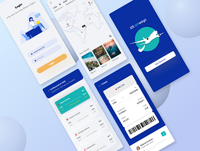 Flight Ticket App airlines flight app flight booking home screen list view login maps mobile app mobile app design mobile ui online booking product app product design ticket app tour and travel tourism travel app