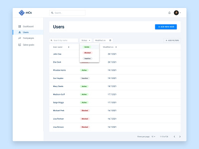 mCs - Users page with filter component