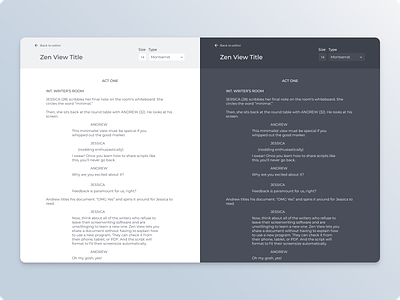 Zen View Editor document light ui minimal minimal design screenwriting ui design ux ux design writing app