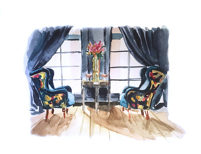interior n4 architecture armchair curtain digital drawing drawing flower illustration furniture illustration interior interior design interior illustration light pattern rich sofa soft watercolour watercolour illustration window