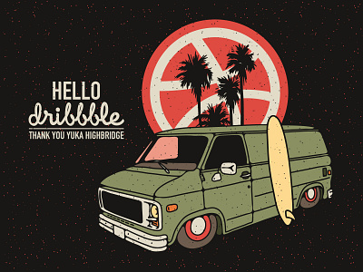 Hello, Dribbble!!! ai cover debut design first shot hello dribble illustration oldschool palms surfing van vector