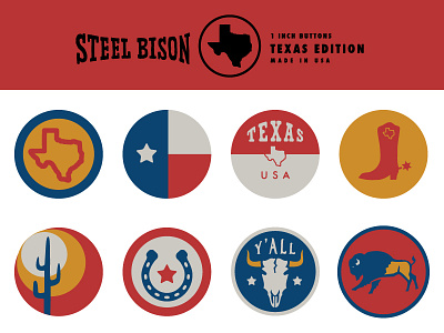 Steel Bison Button Pack 3 - TEXAS boot button clean horseshoe skull steel bison texas vector