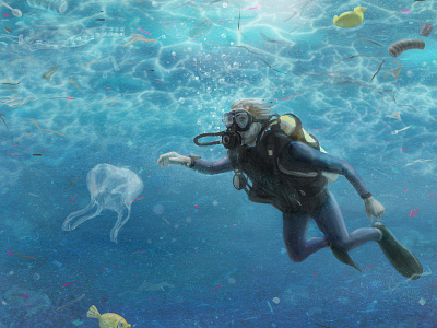 levitation digital painting dive illustration pollution sea