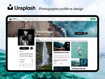 Unsplash Profile redesign adobe xd daily ui free download photographer photography profile profile page template ui kit uiux ux design web webdesign