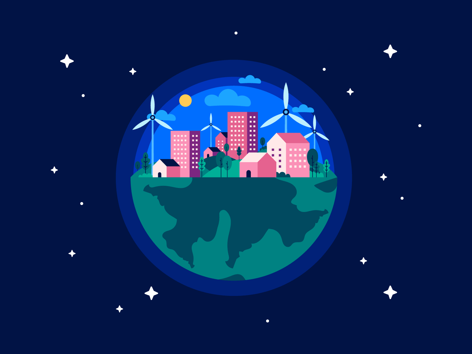 Earth Day Is Every Day animation app city creatopy day design earth earth day earthday eco flat gif graphic design illustration planet stars town vector windmill