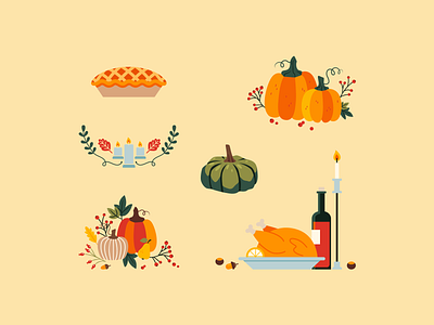 Thanksgiving Illustrations app autumn candle clean creatopy design flat food graphic design illustration leaf leaves minimal pie pumpkin thanksgiving turkey vector