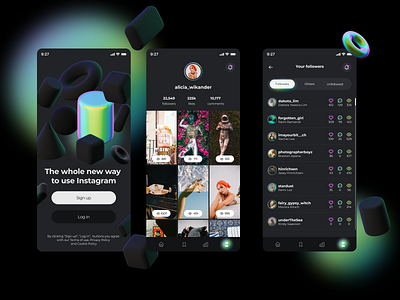 Instagram organizer tool app design app design appd darkmode darktheme design figma figmadesign icons interface menu mobile app mobiledesign neon social social app ui
