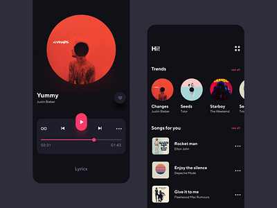Music Player Dark app app design clear dark dark mode dark ui design flat flat design minimalist mobile music music app music player ui uiux