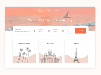 Travel Search Illustrated Pastel Colors - Exploration adobexd beige branding branding concept branding design drawing flights helsinki hotels illustration illustrator ipad pro los angeles paris pastels travel travel app ui uidesign vector