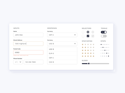 Form design - UI elements style guide - inputs & selectors branding check box dropdown form form design input product productdesign progress bar radio button rating slider star rating styleguide toggle typogaphy ui ui ux uidesign