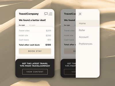 Hotel travel UI concept app application beige compare comparison earthy hamburger hotel hotel booking inspiration marketing menu neutrals palette price travel uidesign uiux ux