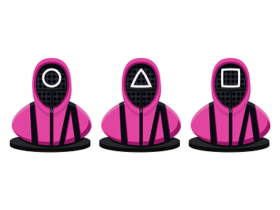 The squid game. Stylized soldiers in masks. concept design flat game geometric illustration korean drama logo man pink suits soldiers square game vector