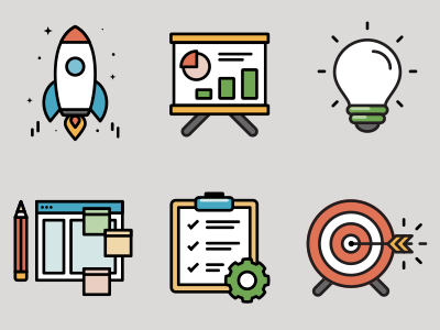 Software Company Icons board bulb clipboard creativity icons knowhow management post it project rocket technology ux design