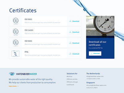 Certificates blue certificates corporate create digital impact downloads footer redkiwi ui water webdesign