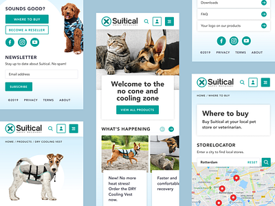 Suitical - Welcome to the no cone zone blue cat cats dog dogs footer mobile mobilefirst newsletter pets product slider slider social media storelocator suitical turquoise uidesign uxdesign webdesign white