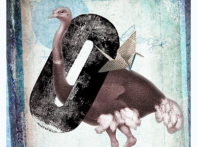 O Is For Ostrich collage design illustration letterpress origami ostrich vintage