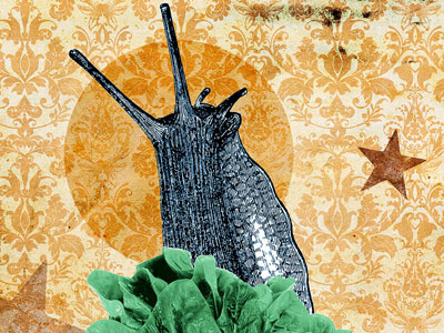 S Is For Slug Dribble collage design illustration letterpress slug snail spinach vintage