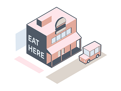 Eat Here burger car illustration isometric nomly restaurant