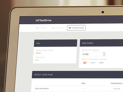 UXTestDrive's "Funds & Plan" page flat funds illustration mockup on website payment pricing select table ui ux website