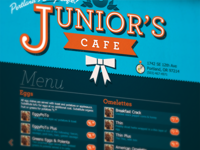 Junior’s Cafe blue html logo menu orange portland website
