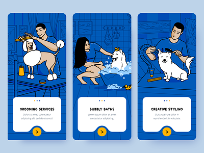 Grooming Onboarding app application bath blue design dog dogs flat fur groomer grooming illustration linework mobile pet pets styling ui yellow