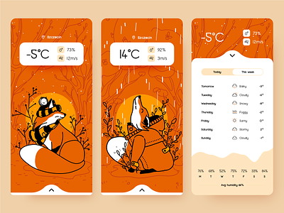 Foxy weather app application drawing fireart fireart studio flat forecast fox foxes illustration linework mobile rainy snowy ui ux vector weather