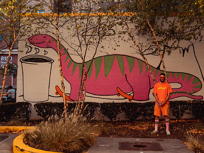 Pink Dino Mural for Vigilante Coffee