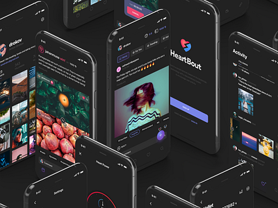 Heartbout App activity blockchain dark feed heart icons iphone mobile design mockup post profile social app socialmedia tags ui ux wallet