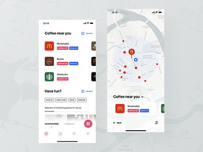 Map UI categories clean icons map places qr recommendations search tabs tags ui ux white
