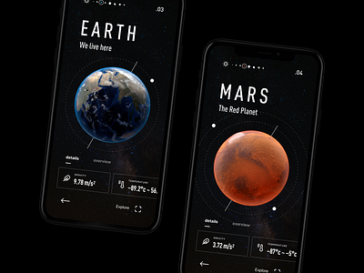 Solar System App Design app astronomy dark details earth icons interface layout mobile design moon planets sci fi solar system space tech ui ux