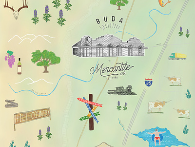Snapshot from a map for Buda Mercantile Co. drawing hand drawn illustration illustration art map photoshop