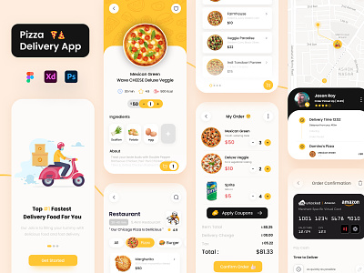 Pizza Food Delivery App 2d app branding chef app clean delivery app design eating food and drink food delivery food delivery service food order illustraion logo pizza app restaurant app ui ux vector yellow
