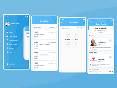 Order History & Navigation Screens For Laundry Delivery Boy App laundry app uiuxdesign