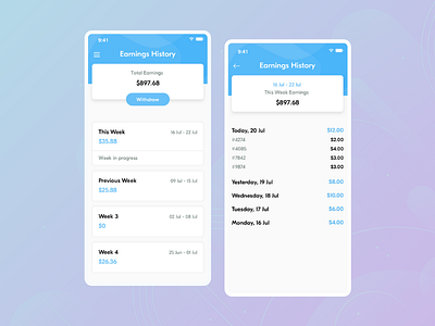 Earnings History Screens For Laundry Delivery Boy App laundry app mobile app development uiuxdesign