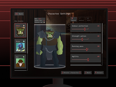 Game character settings screen. dailyui design ui ux