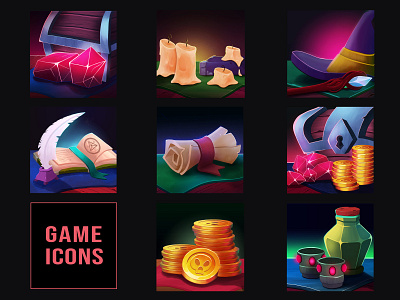 Icons for Magic Game chest crystal gems gold icon design icons iconset illustration magic magic book magic tome