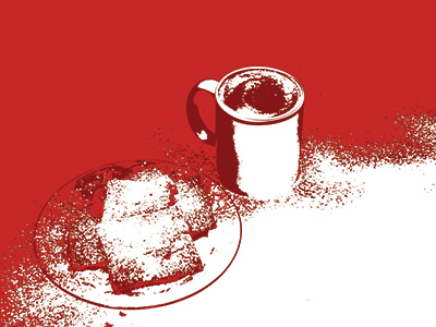 Coffee and Donuts beignet cafe au lait coffee donuts illustration new orleans nola powdered sugar red