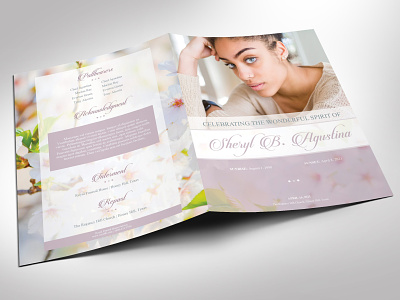 Blossoms Funeral Program Word Publisher large Template 8 pages booklet bi fold brochure burial keepsake cherry blossoms eulogy template female woman mother funeral program large tabloid ledger memory memorial obituary sample purple green pastel spring design word publisher book