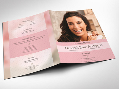 Glamour Funeral Program Word Publisher Tabloid Template bi fold brochure burial leaflet church bulletin eulogy template female girl woman funeral program glamour book memorial service memorial service program memory booklet obituary keepsake pink white blossom tabloid large ledger word publisher