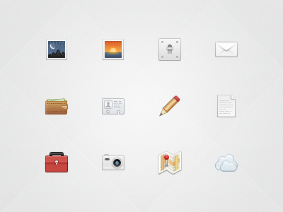Iora Icon Set 32px camera cloud document glyphs icon icon set icons iora location mail map nice pencil photo preferences settings sexy shadow subtle suitcase vcard wallet