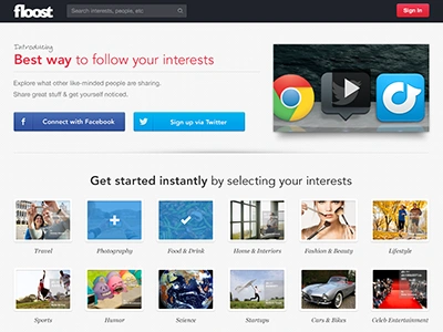 Floost Homepage avenir blue clean content design feed floost helvetica home interests light magenta neue news page red site ui web