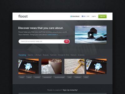 Homepage for Floost blue call to action contrast cta dark nuance pattern site texture ui ux web