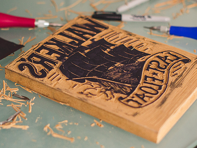 My First Block Print block print boat cannon lettering linocut sails ship wood