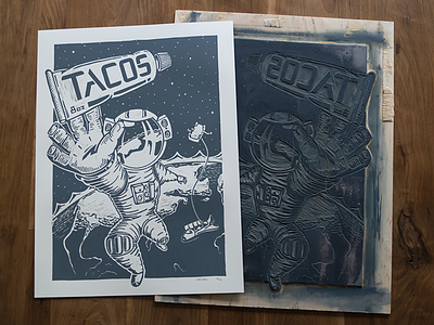 Space Tacos astronaut block print earth illustration lino poster space suit tacos wood block
