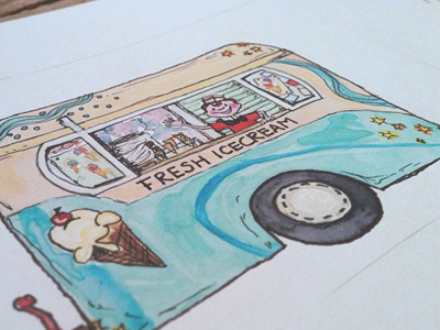 Ice cream truck birthday illustration ink invitation kids party pencil watercolor