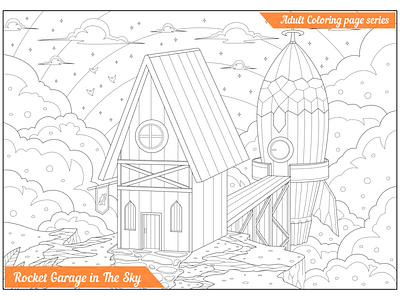 Rocket Garage in The Sky art artwork cartoon coloring book coloring page creative design designs doodle fantasy graphic design illustration lineart outline vector vector illustration