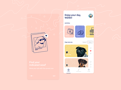 Social Woof app dog home illustration onboarding pet social tinder ui ux