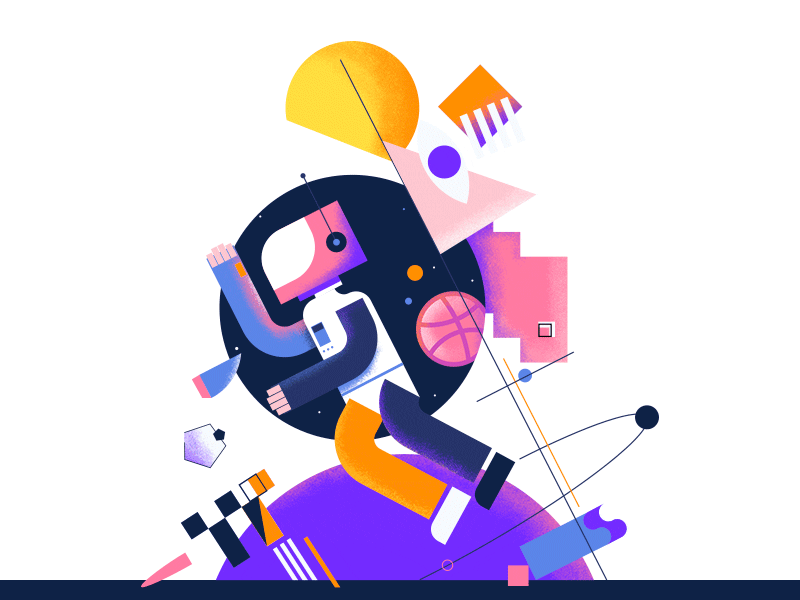 Welcome Dribbble // Spaceman abstract animation astronaut blue colourfull design dribbble illustration indigo orange pink purple shapes spaceman ui uneven shapes vector website welcome