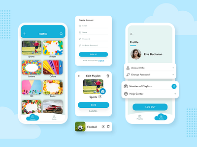 Mobile App Concept for Children app author cards clean creative dashboard design homepage light login logo media play playlist profile signup skyblue ui user experience ux