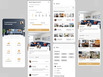Home remodelling consultant mobile app concept app appointment booking cards clean design filter home house images light like listing profile remdelling scheduler search ui user experience ux
